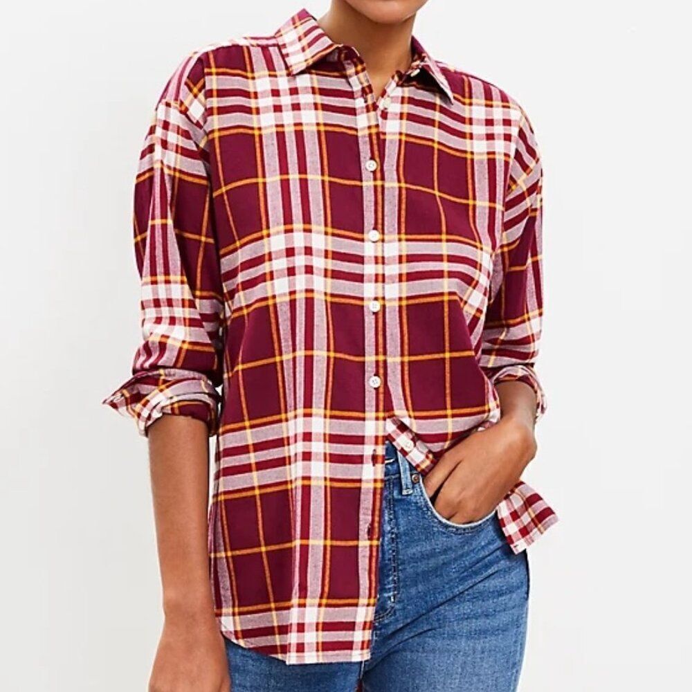 Loft Ann Taylor Plaid Flannel Oversized Everyday Shirt Women's Small Burgundy